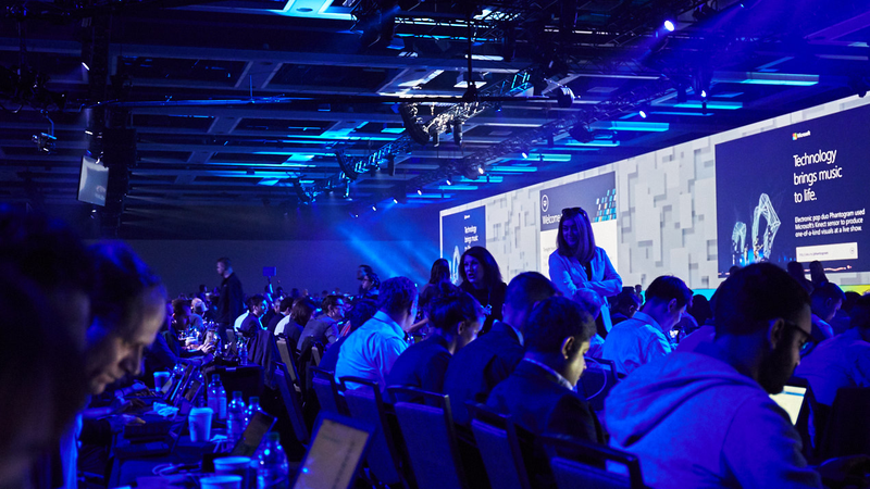 Site of the Build keynote. There are lots of blue lights and...fog?